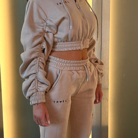 Travel Infinite Beige Ruched Cropped Tracksuit