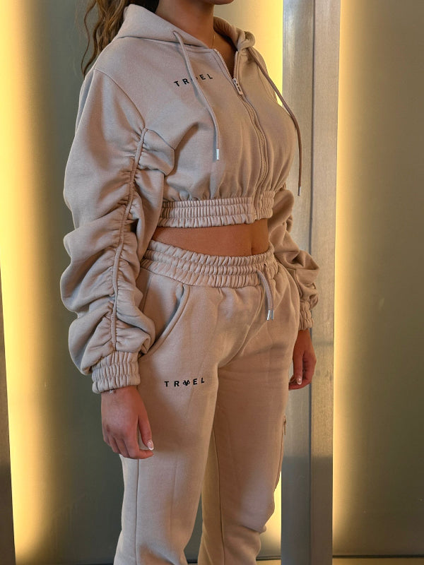 Travel Infinite Beige Ruched Cropped Tracksuit