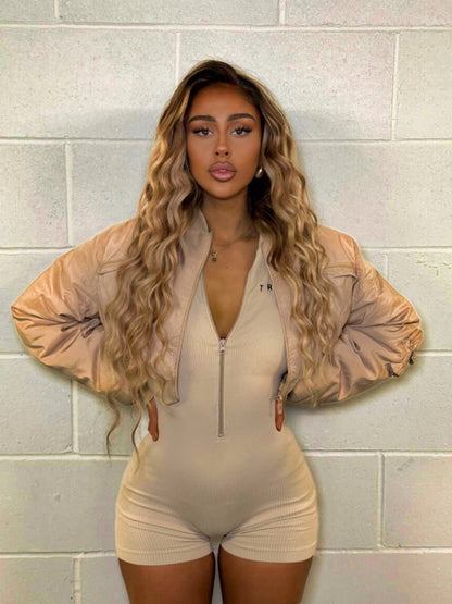 Beige Ribbed Long sleeve Playsuit